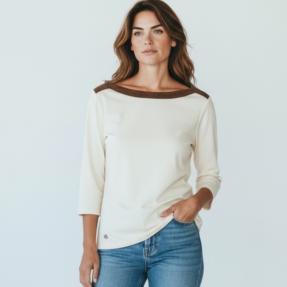 Ralph Lauren boat neck, T-shirt with faux suede trim